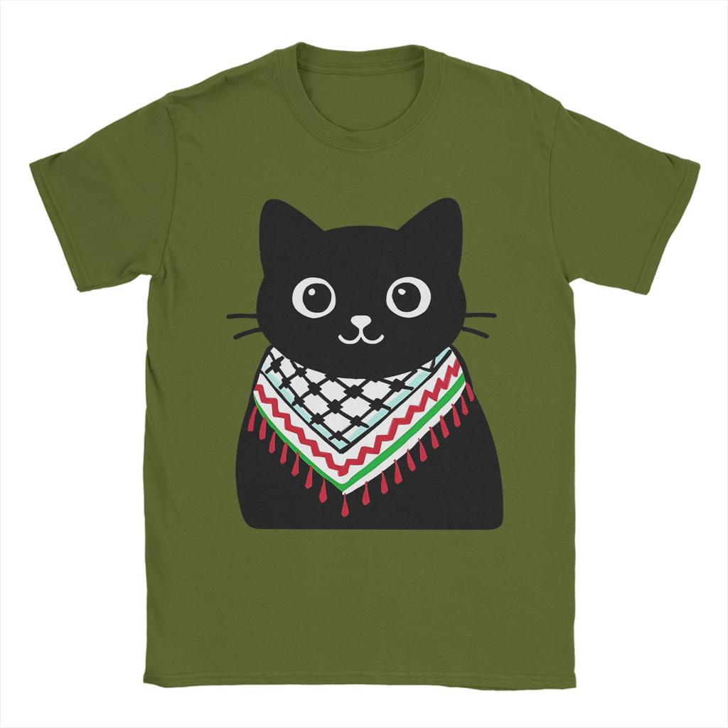 Palestine Cat Wearing the keffiyeh T Shirts for Men Pure Cotton Funny TShirts Round Collar Tees Short Sleeve Clothing Adult
