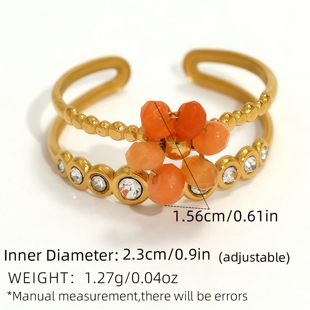 Exquisite Colorful Zircon Flower Design Stainless Steel Rings Gold Plated Waterproof Jewelry For Daily Wear Vacation Seaside