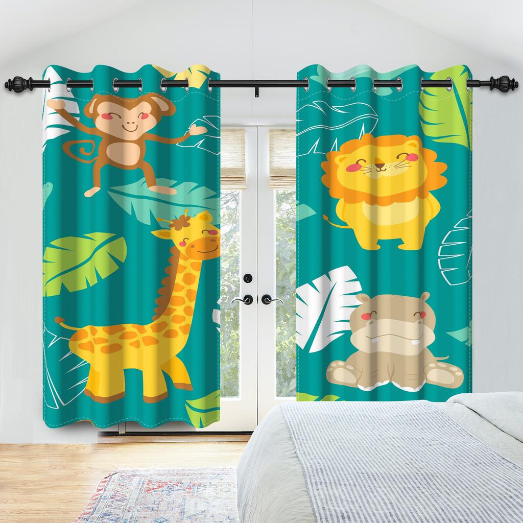 Set Of 2 Tropical Jungle Animal Pattern Curtains Cute Hippo Koala Parrot Design Kids Room Bedroom Living Curtain Darkening Polyester Ideal For Area