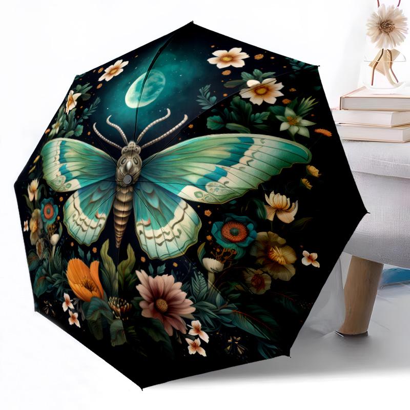 Moonlit Moth Garden Automatic Umbrella Compact 8-Rib Design Lightweight All-Season Travel Outdoor Accessory Perfect Gift for Women Men