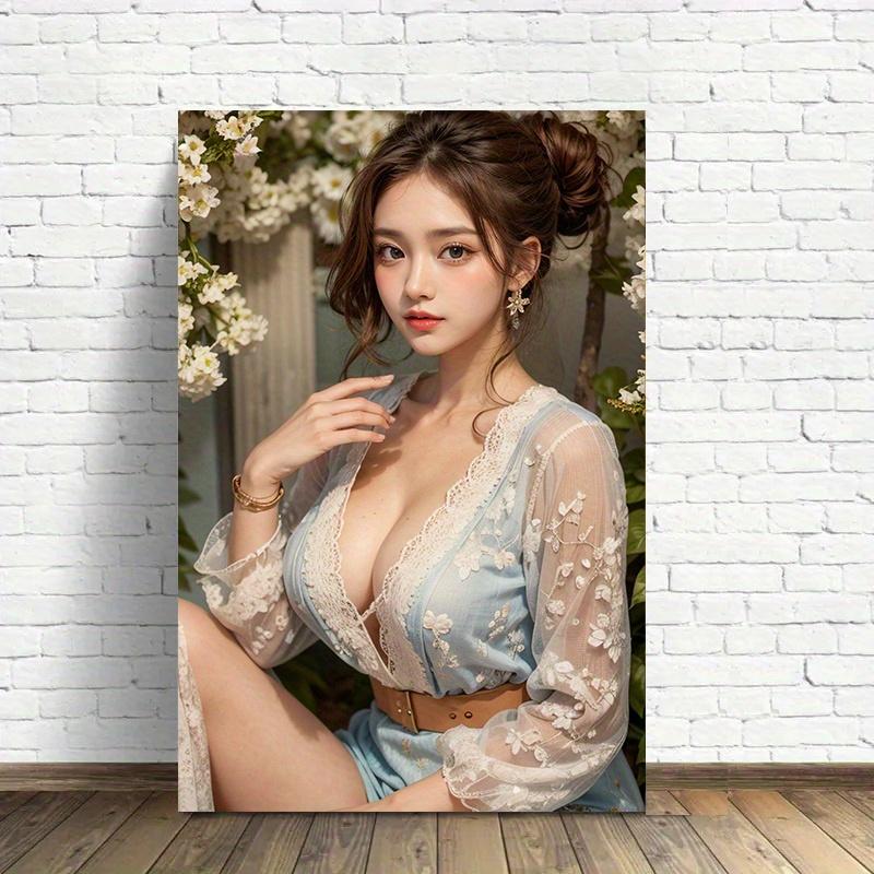 

HD Metal Tin Sign Elegant Asian Woman in Light Blue Lace Floral Dress White Blossom Garden Scene Vintage Wall Art Plaque Retro 20x30cm（7.8x11.8inch）