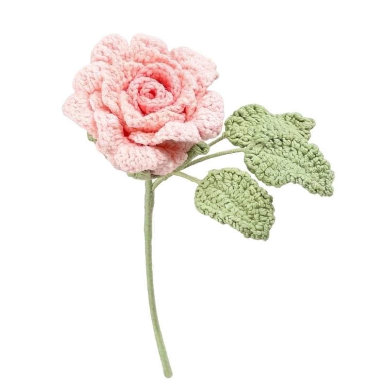 Handmade Knitted Flower Crochet Rose Flowers Artificial Flowers Home Decors Single Rose Flower Gift for Birthday Wedding