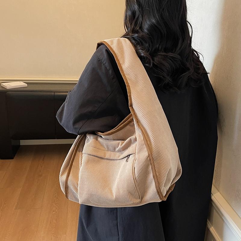 Corduroy Tote Bag Women's Commuter Shoulder Bag Large Capacity Student Class Handbag