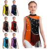 Girls Dance Leotard Color Block Design Mock Neck Sleeveless Keyhole Back with Rhinestones & Tassels for Figure Skating