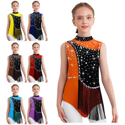 Girls Gymnastics Leotard Color Block Mock Neck Sleeveless Keyhole Back Shiny Rhinestones Tassels Bodysuit