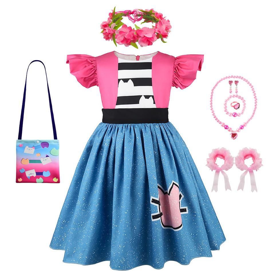 Meisjes Kattenoor Prinsessen Kostuum Set Kitten Print Glanzende Blauwe Jurk met Kinder Verjaardagsfeest Halloween Cosplay Jurk