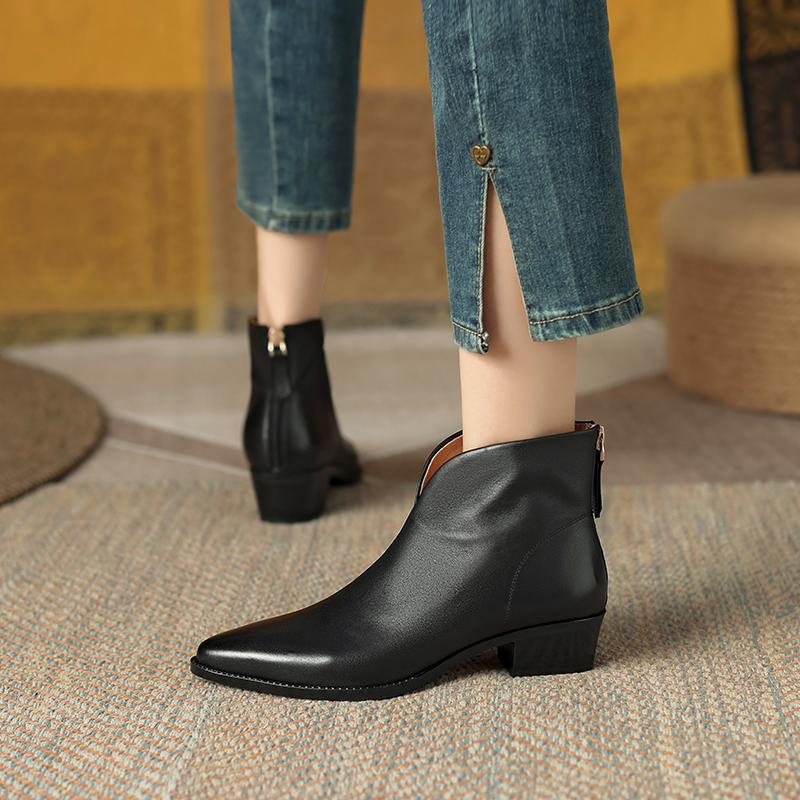 2024 Tömör Alap Női Bokacsizma Spitze Orr Érett Cipők Nő Hátul Cipzáros Ősz Tél Új Valódi Bőr Irodai Hölgy