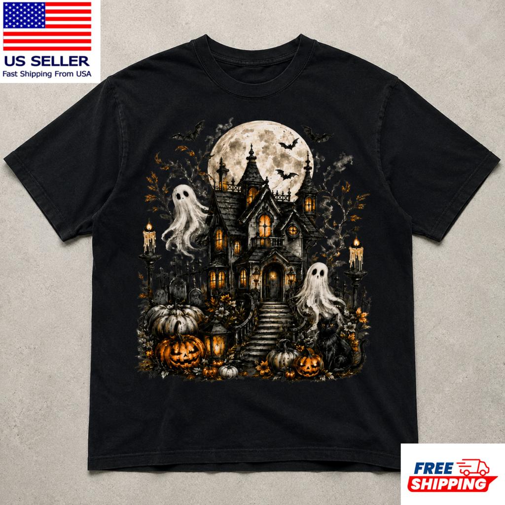 Haunted House Ghost Pumpkin Black Cat Full Moon Halloween T-Shirt S-5XL