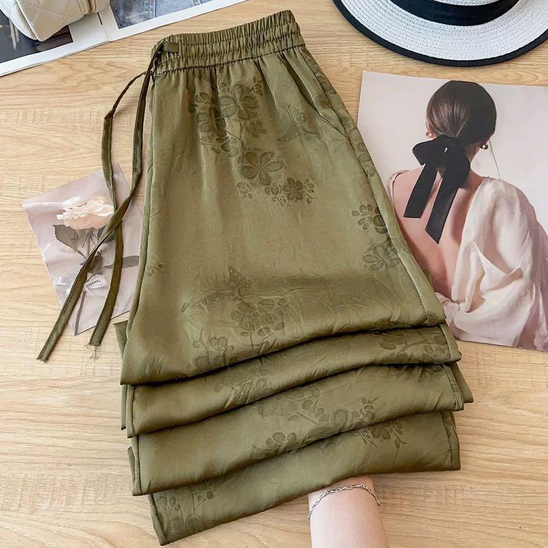 

Acetate ice silk wide-leg pants women s summer new loose drape cool pants satin jacquard straight-leg pants XXL оливковое зеленый