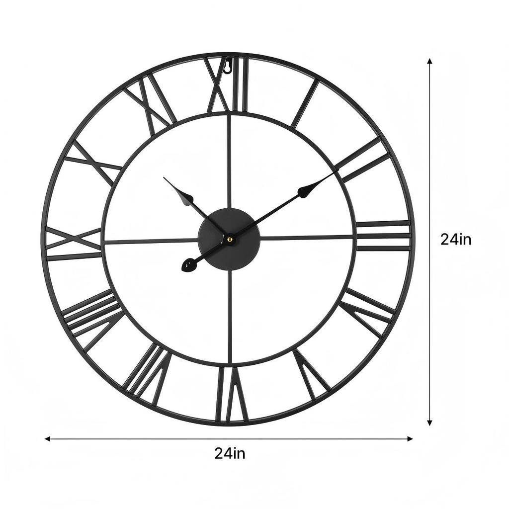 Large Black Skeleton Roman Numeral Wall Clock, Industrial Minimalist Silent Non-Ticking Metal Clock for Living Room Decor