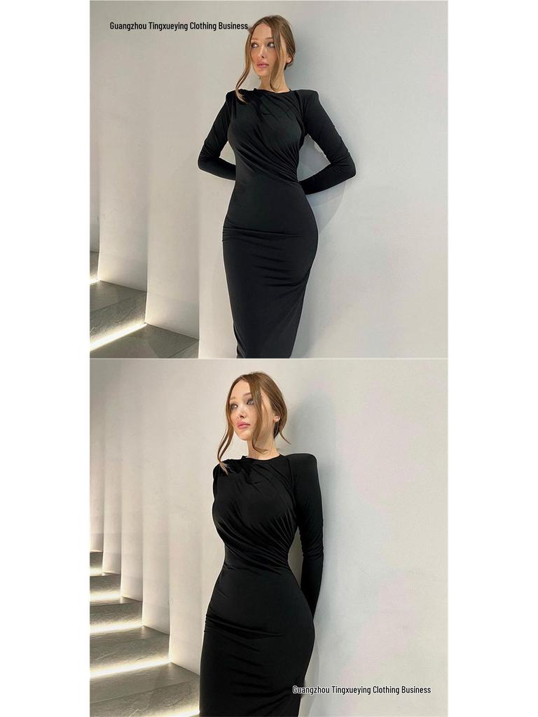European Style Elegant Round Neck Long Sleeve Slim Fit Bodycon Dress