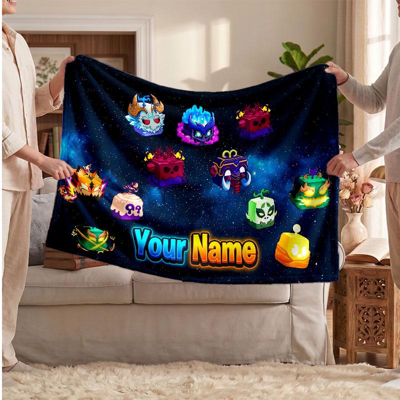 Blox Fruits Personalized Flannel Blanket, Custom Printed Text Name, Warm Soft Blanket For Couch Bed