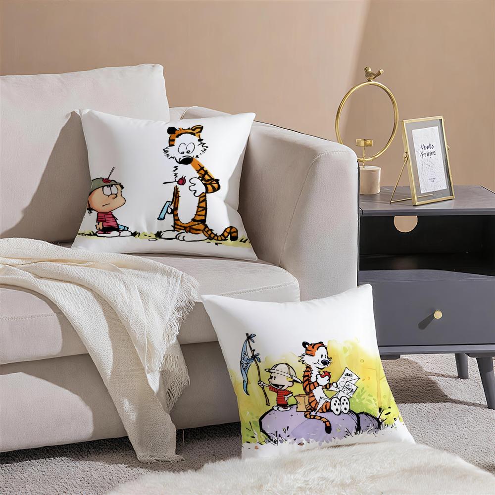 Cartoon CCalvin and HHobbesES Cushion Cover Pillowcase Short Plush Invisible Zipper Room Sofa Cushion Cover