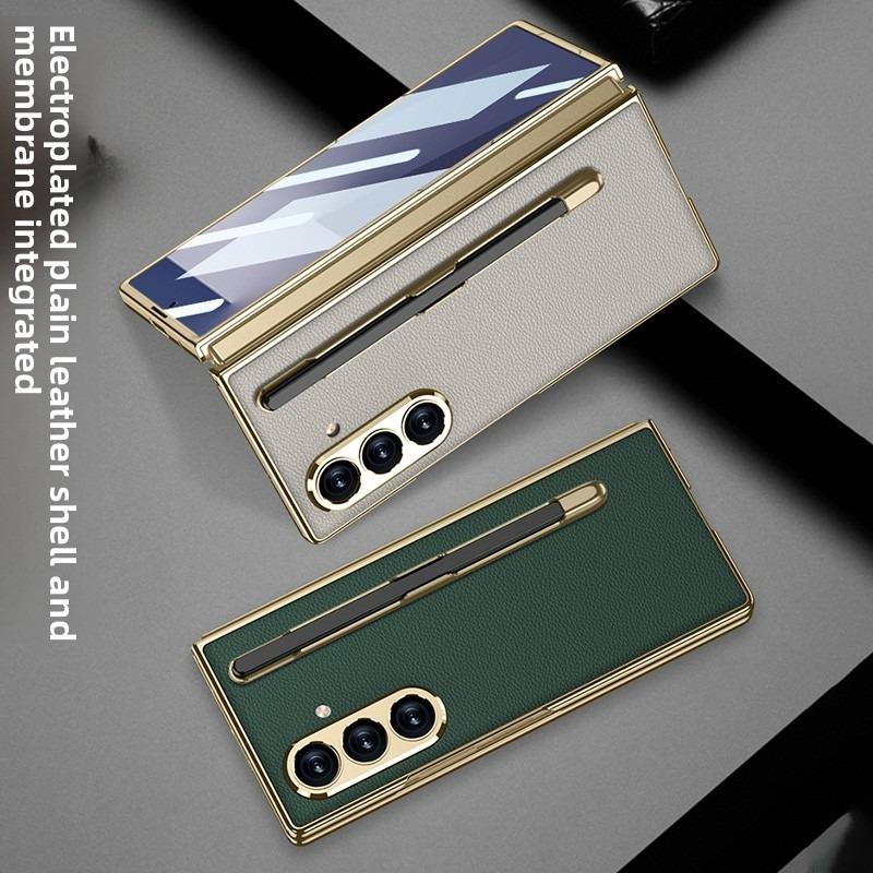 Zijde PU Leer Gehard Beschermfolie Penhouder met Pen Telefoonhoesje voor Samsung Galaxy Z Fold 7 Fold7 Scharnier Beschermhoes