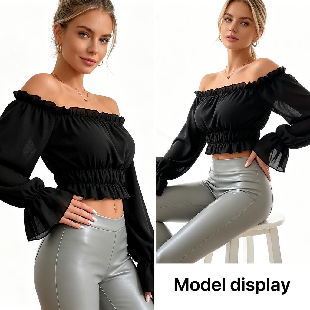Fashion Women Ruffle Off Shoulder Crop Blouse Long Puff Sleeve Slim Ruched Hem Casual Clubwear Top