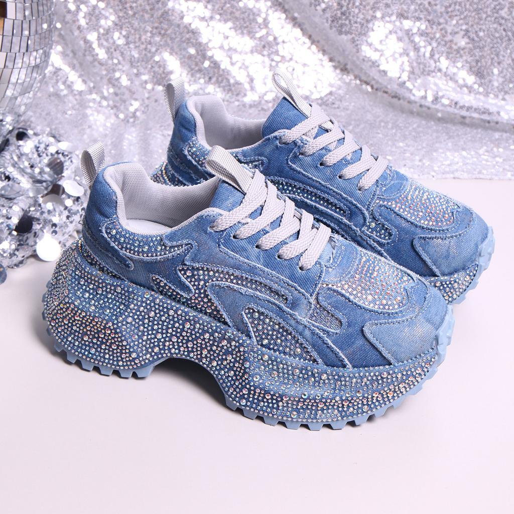 2025 autumn new fashion muffin platform casual rhinestone denim fabric dad shoes women's height-increasing sports shoes trendy shoes