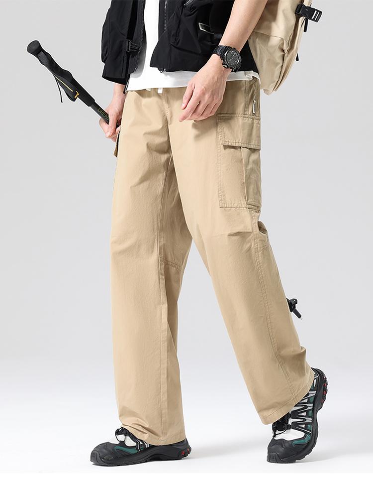 100% cotton workwear outdoor multi bag elastic waist drawstring pure cotton straight leg pants men's casual pants
