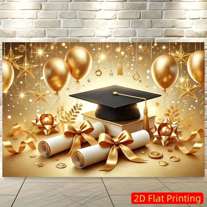 2D Shiny Graduation Backdrop Gold Balloon Star Graduation Photo Booth Background