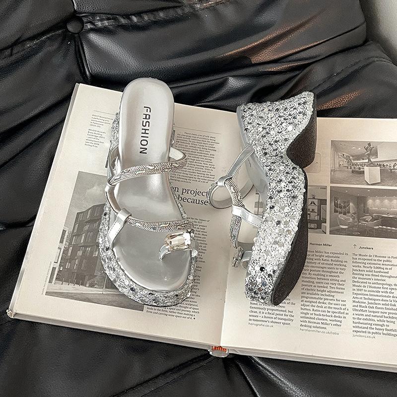 Thick-bottomed wedge slippers women's new summer outer wear fashion sequins transparent one-word set toe high-heeled sandals women