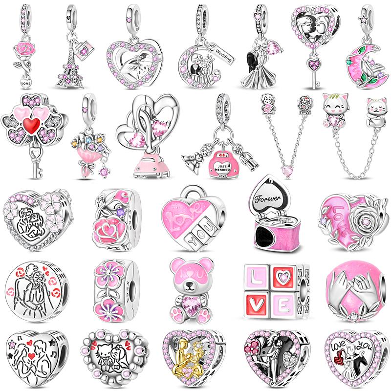 Copper Pink Love Series Charm Love Cube Little Bear Luminous Pendant Fit Original Bracelet Romantic Wedding Jewelry