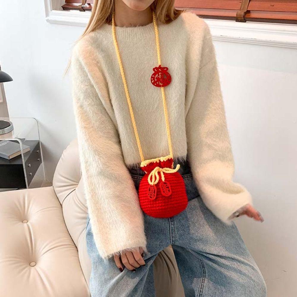 Kintted New Year Shoulder Bag Lace Up Lucky Crossbody Bag Kawaii Children's Messenger Bag Children