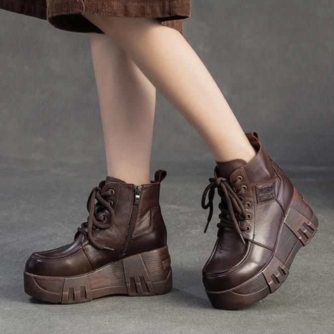 Johnature Retro Thick Sole Wedges Short Boots Genuine Leather Women's Height-increasing Shoes