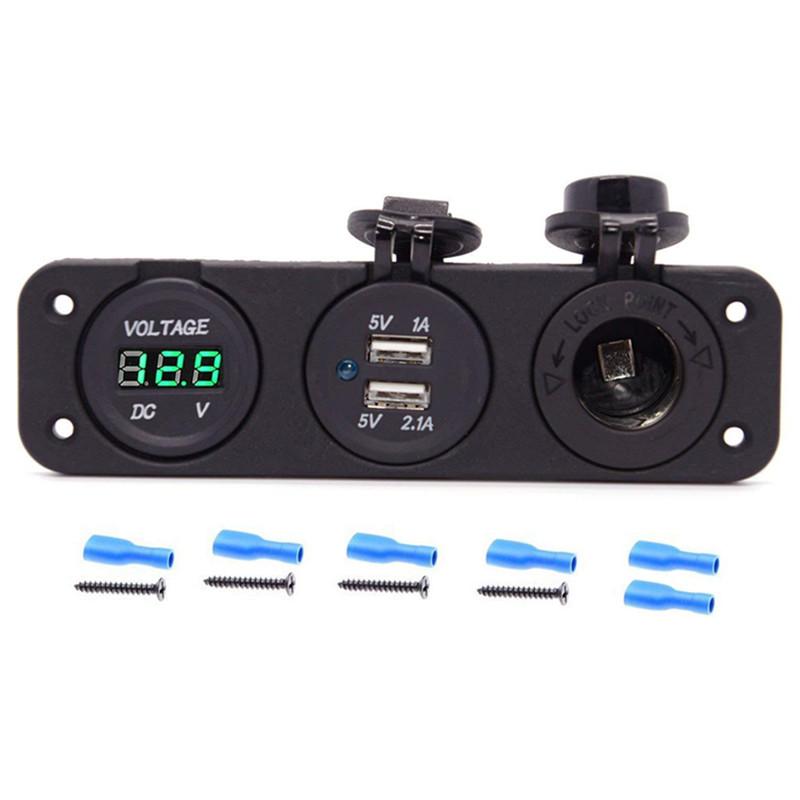 Car Accessories - Three-Function Dual USB Charger + LED Voltmeter + 12V Socket Panel Rechargeable Power Adapter Suitable For Yacht Car Accessories