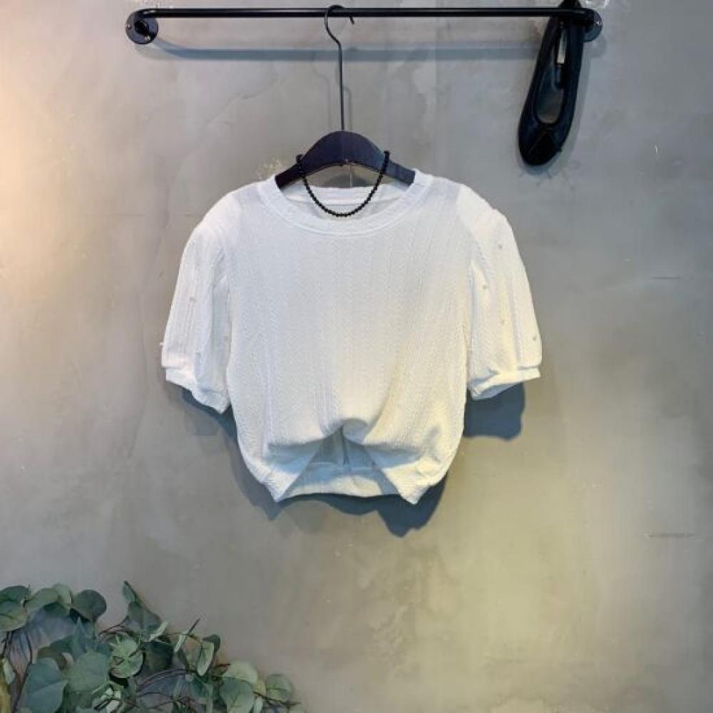 C S In The Room Pade Pearl Puff Sleeve Cropped Knit 2Color C