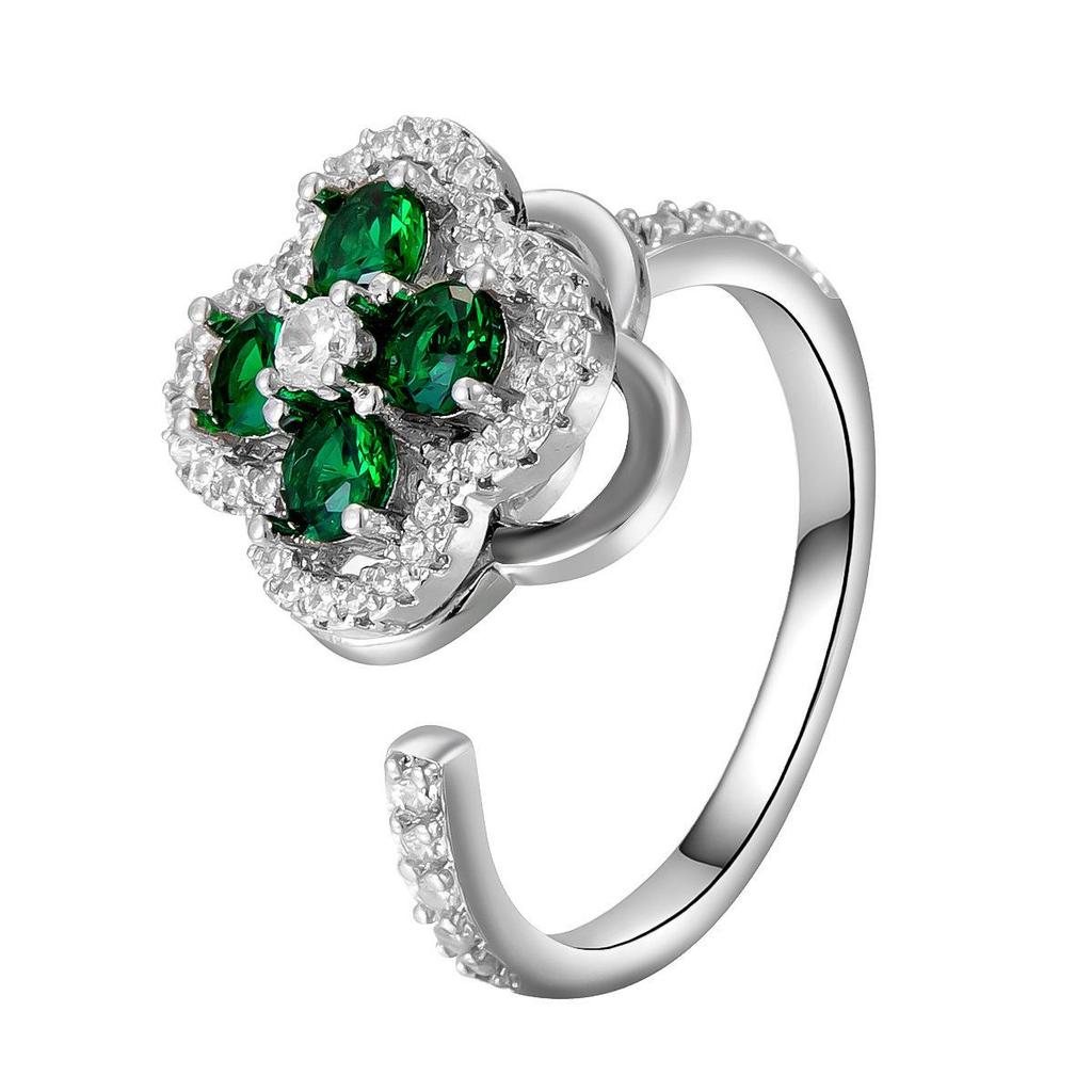 Women's Green Zirconia Four-Leaf Clover Ring - Exquisite Copper Design