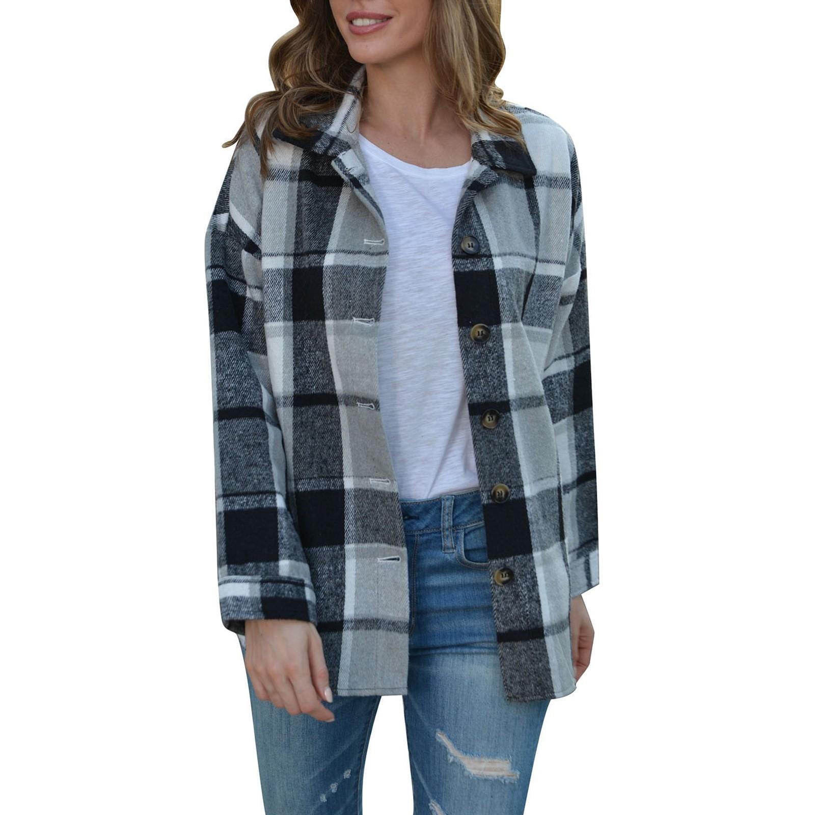 

Женские осенние топы, женские длинные клетчатые жакеты из шерстяной смеси, рубашки на пуговицах, пальто с карманами L