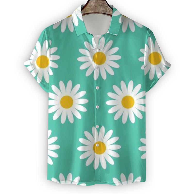 Nuova Camicia con Fiori di Margherita da Uomo Stampa 3D Manica Corta Maglietta Top Moda Estiva Harajuku Camicie Bottoni Street Camicetta con Collo a Revers