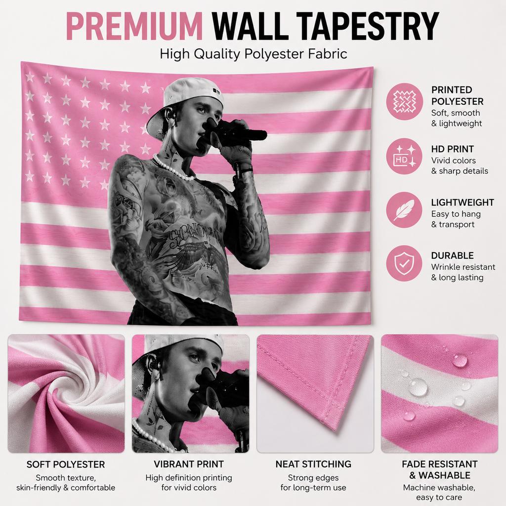 Pop-Sänger Justin B-Bieber Wandteppich Flachdruck Rosa Sterne Streifen Flagge Wandbehang für Schlafzimmer Wohnzimmer Studentenwohnheim Ästhetische Dekoration