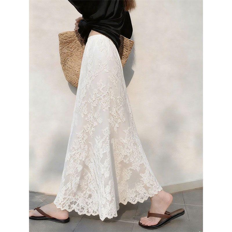 

Spring Unique Design, Chic and Elegant White Lace Skirt with a Draping Effect, High-Waisted Slimming A-Line Long Skirt for Women White Skirt S