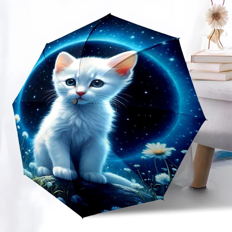 1 pièce Parapluie d'extérieur Nuit de Lune avec Chat - Ouverture/Fermeture Automatique, Design Pliable en 3 Parties Portable avec Structure en Fer à 8 Baleines, Cadeau Parfait pour les Fans et les Voyageurs