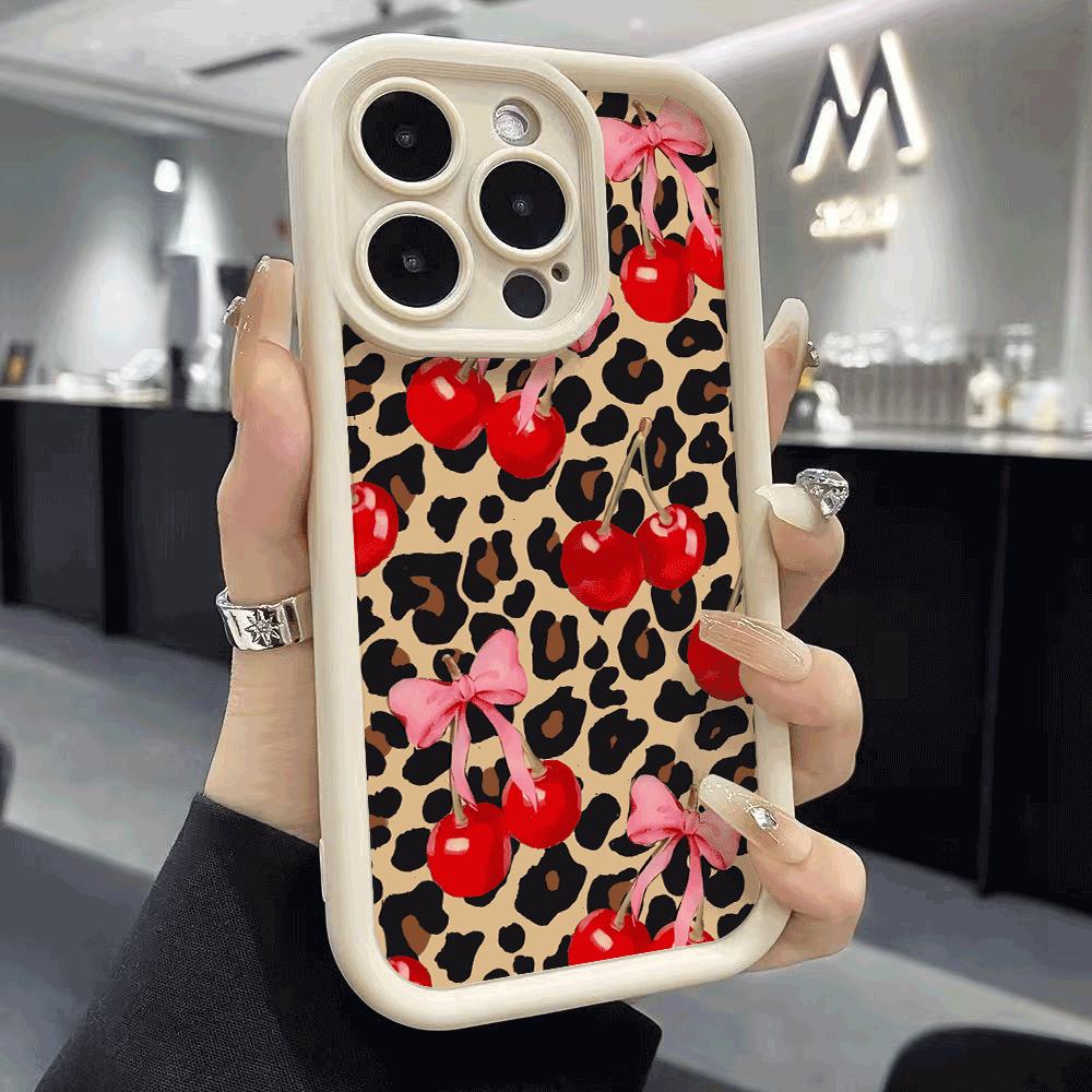 Cherries Pink Bows On Leopard Print Shockproof Phone Case for Xiaomi Redmi Note 14 13 12 11 10 9 8 Pro Anti-Slip Soft TPU Cover