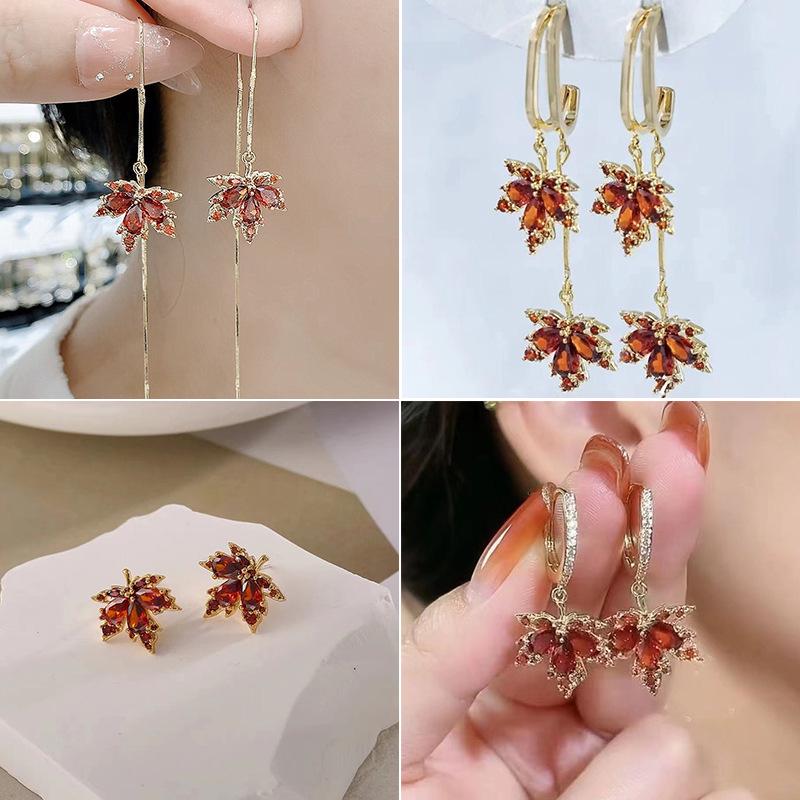 Red Maple Leaf Tassel Earrings with Inlaid Red Rhinestones - Goddess Style