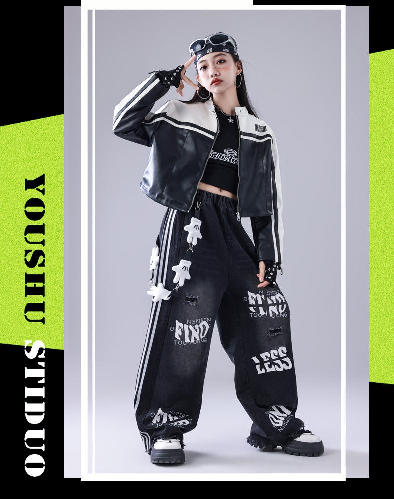 Neujahr Kinder Hip Hop Tanz Outfit - Amerikanische Trendige Lederjacke & Performance Set