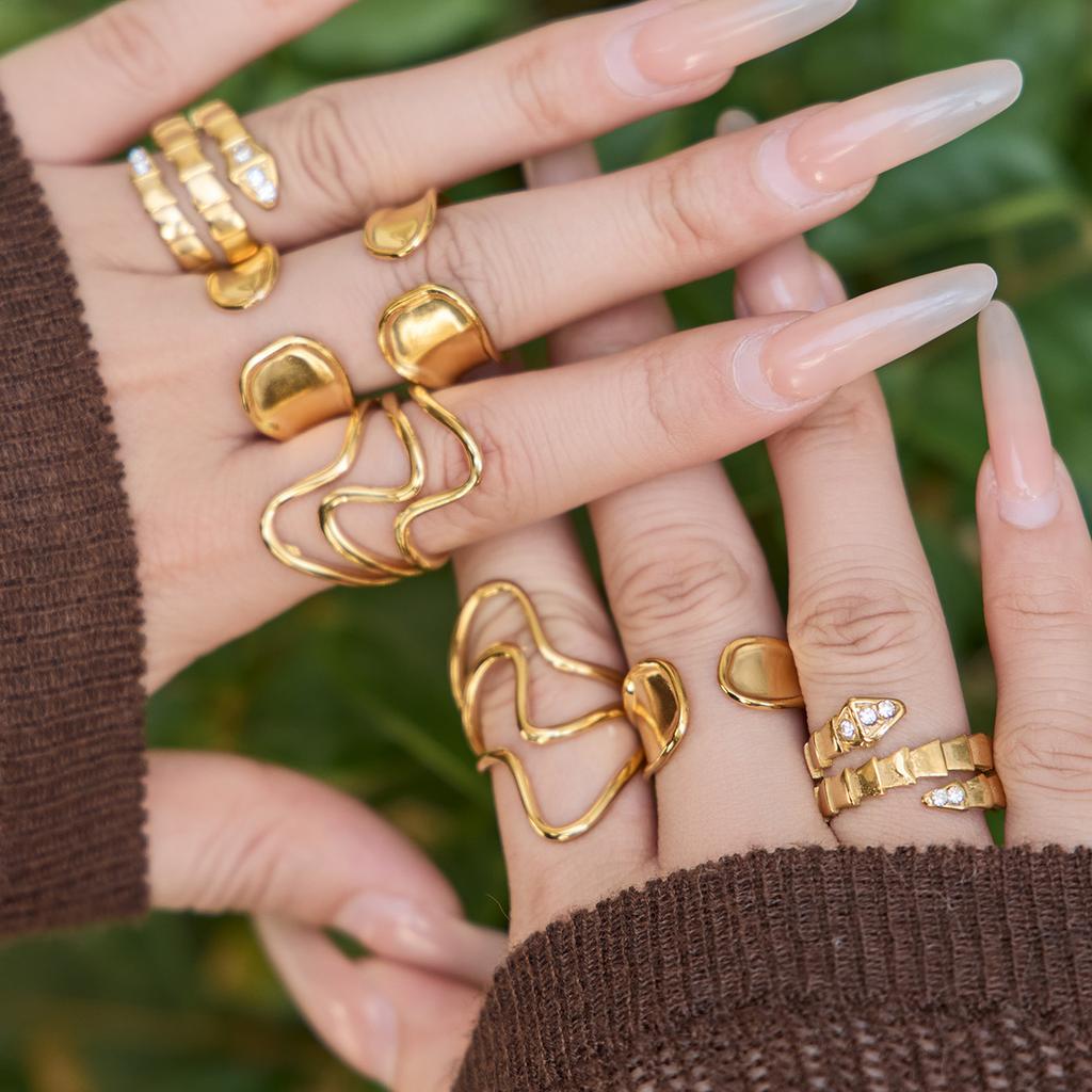 18K Gold Plated Adjustable Stainless Steel Ring Set, Luxury Snake Zircon Geometric Minimalist Unique Women Daily Wear Jewelry