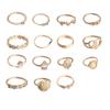 15-Piece Retro Gold Coin & Cross Pattern Ring Set with Love and Fatima Palm Designs