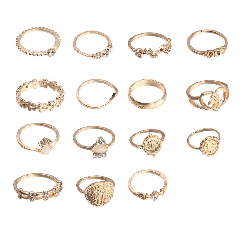 15-Piece Retro Gold Coin & Cross Pattern Ring Set with Love and Fatima Palm Designs