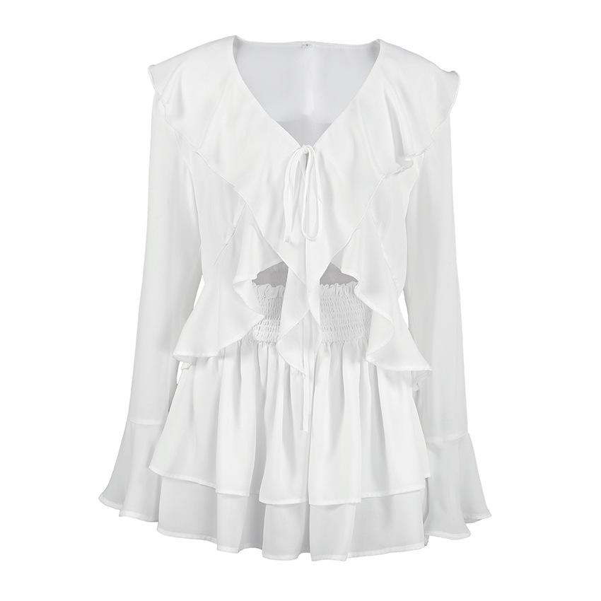 1116 Summer European and American Casual Ruffle Edge Suit New V-neck Long-sleeved Top Short Skirt Two-piece Women's Clothing