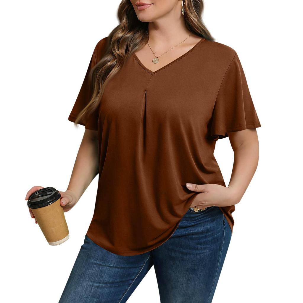 Women's Plus Size Fashionable Casual Loose-Fit Short Sleeve Elegant V Neck Blouse For Work