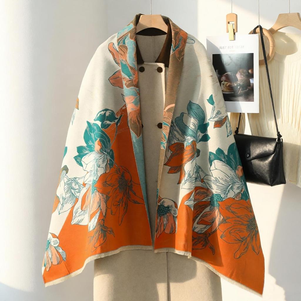 Double-Sided Women's Winter Ink Painting Snood: Imitation Cashmere Scarf for Air-Conditioned Rooms.