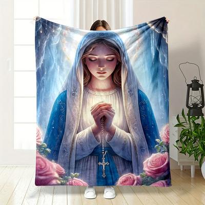 Virgin Mary Praying Roses Blanket Printed Blanket for Living Room Bed Couch Lunch Break Soft Cozy Blanket for Friend's Festival Gift