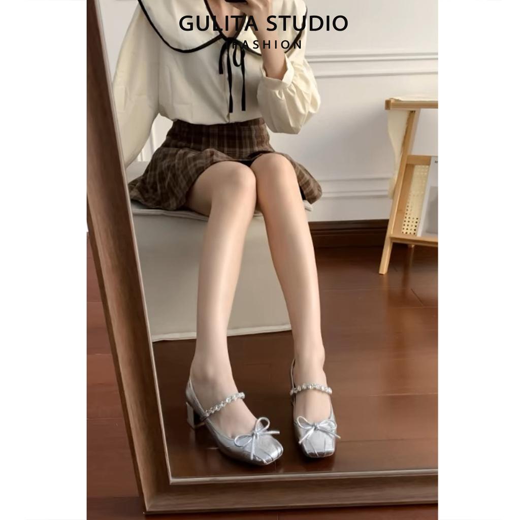 Bow word with rhinestone ballet shoes Mary Jane women's shoes small fragrant style thick heel high heels women's high sense