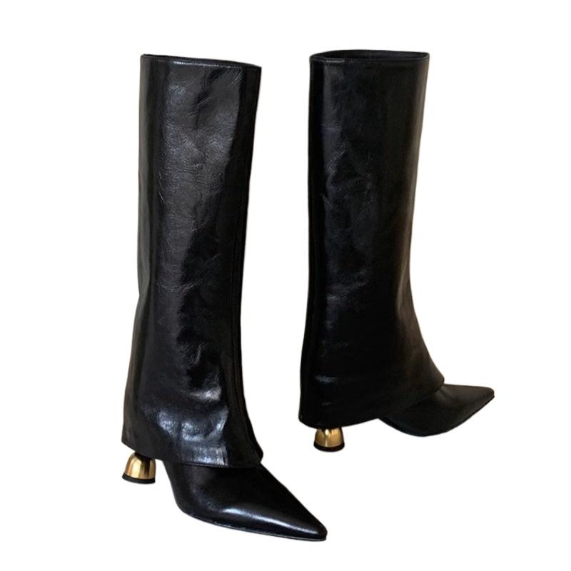 Fashion New 2025 Pointed Toe Leather Hight Heels Middle Boots Women Fashion Cup Heels Pants Boots Autumn Sexy Runway Long-leg Boots