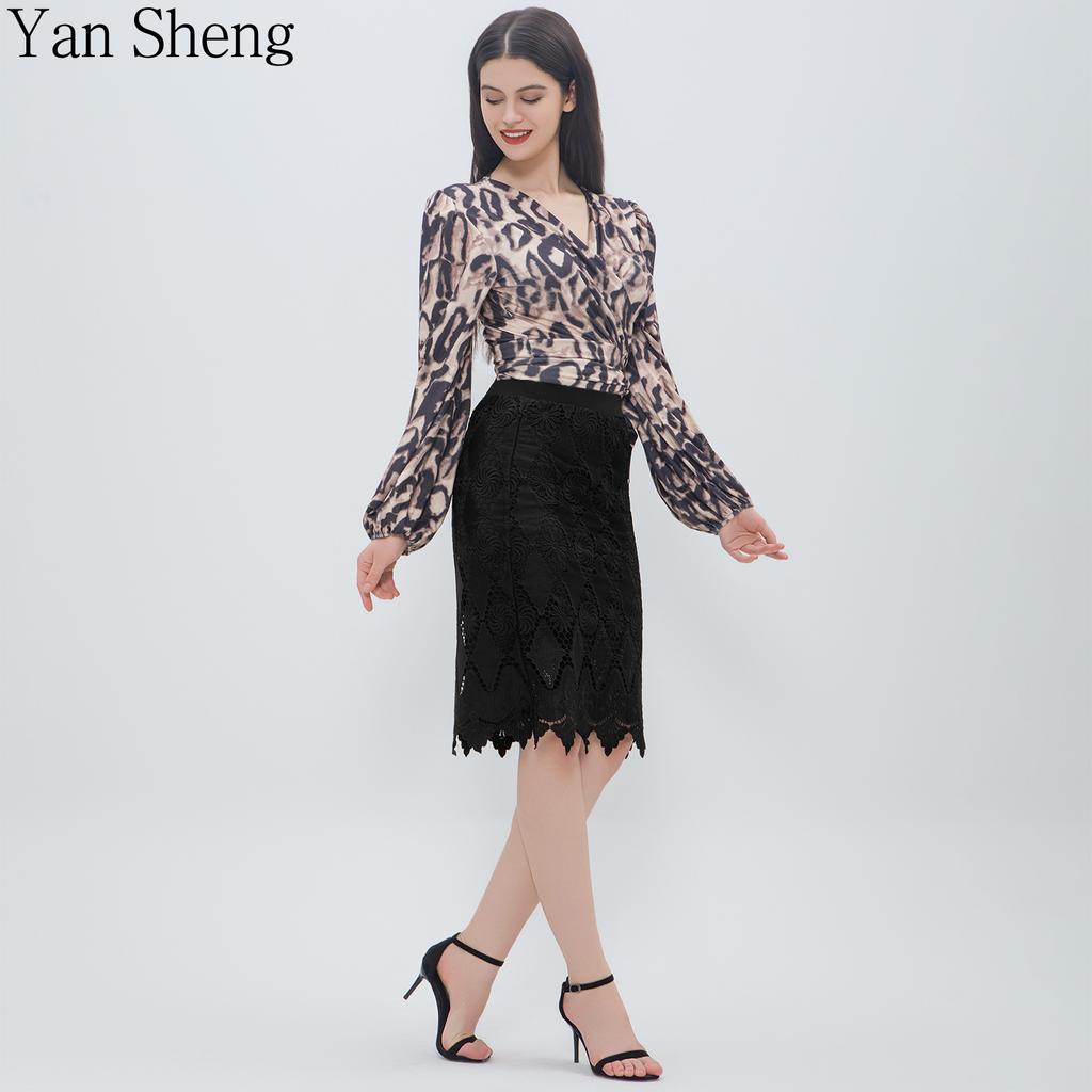 Rhinestone Skirt Women's Hollow High Waist Lace A- Line Half Skirt High-grade Black Knitted Mid-skirt