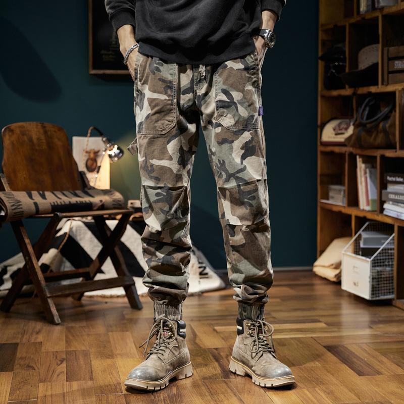Men's tied feet camouflage overalls wide-leg pants men's micro-pull pants high-end high-crotch trendy pants retro trousers
