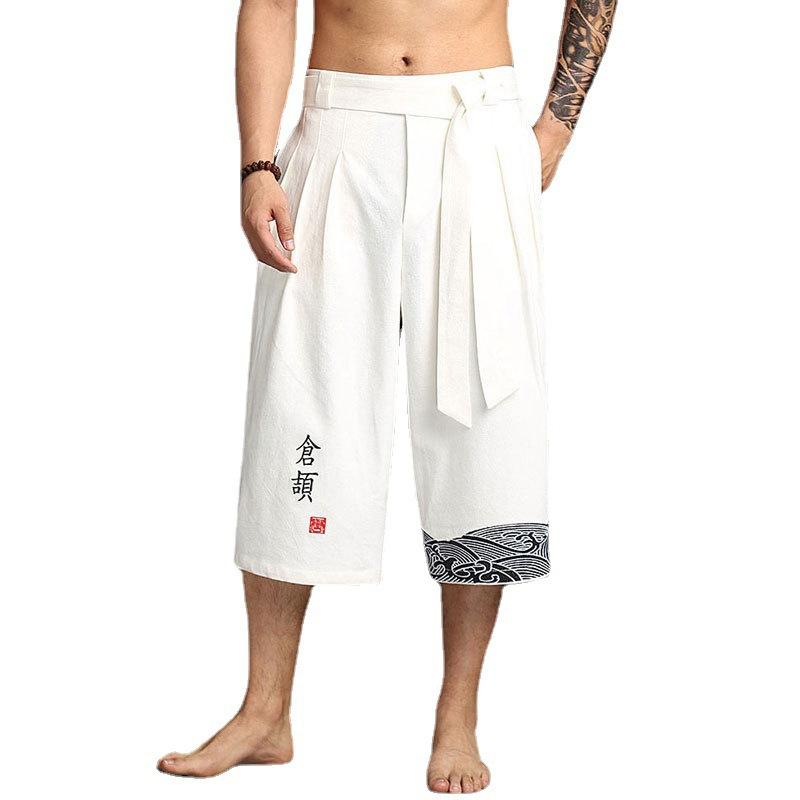 Summer Men Chinse Style Hanfu Pants Men Asian Bath Pants Male Prints Kimono Traditional Trousers Male Cotton Cropped Pants