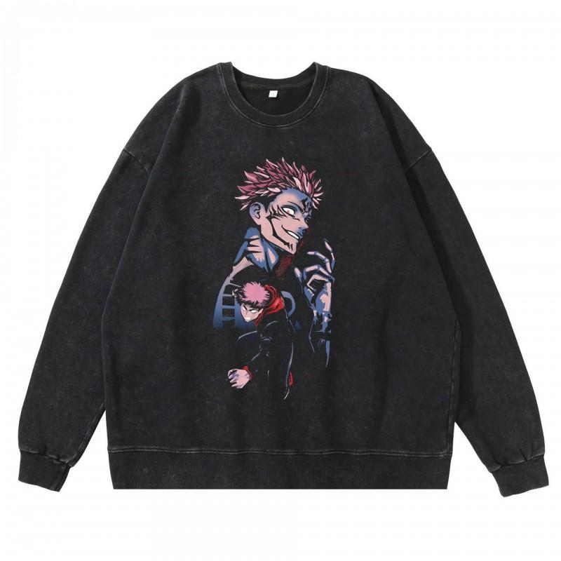 Dark Washed Vintage Anime Print Streetwear Hoodie Men - Retro Black Cotton Crewneck Sweatshirt Fall Casual Wear